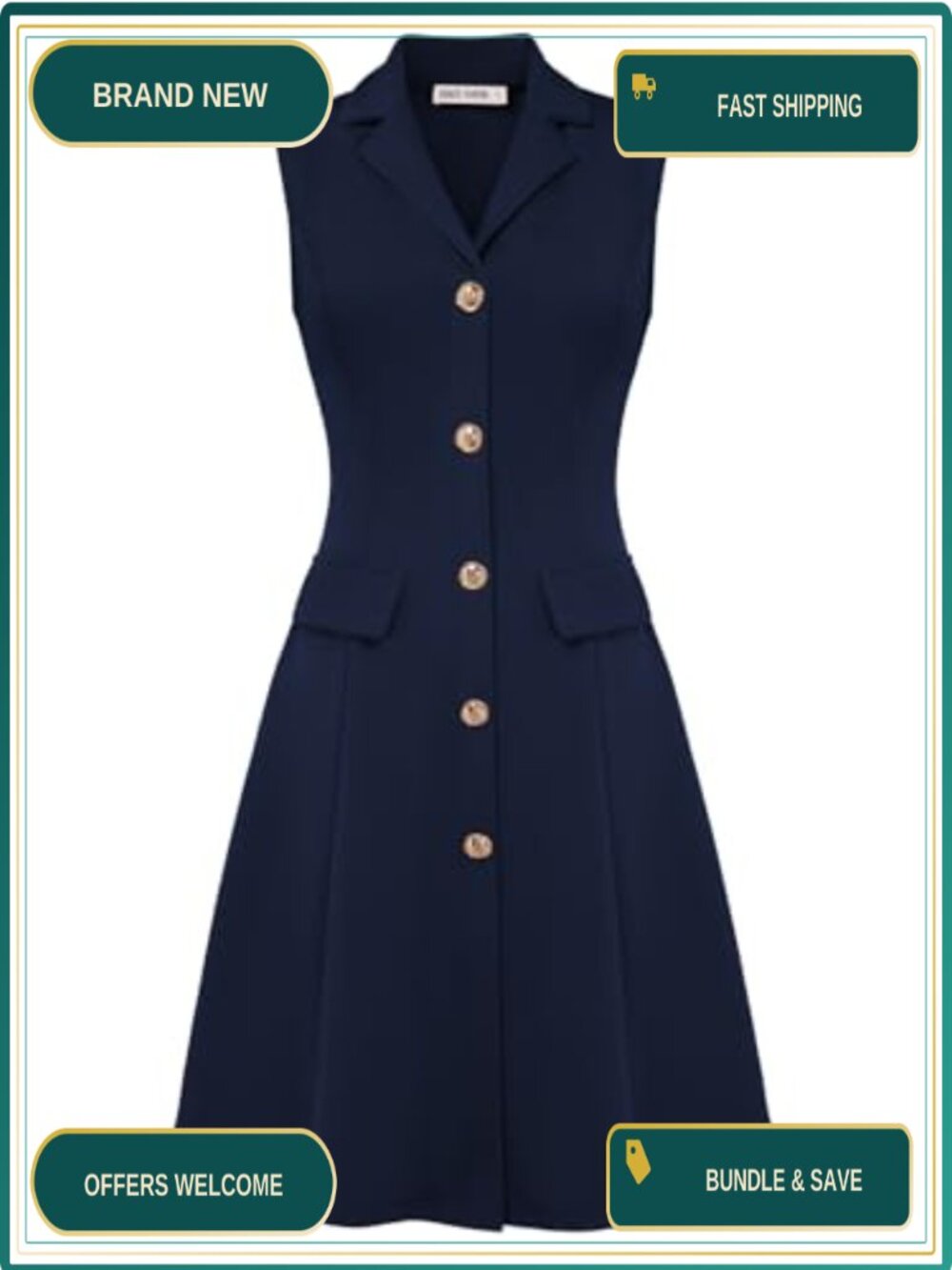 Sleeveless A-Line Work Dress with Lapel Collar, Mid Waist, Knee-Length,